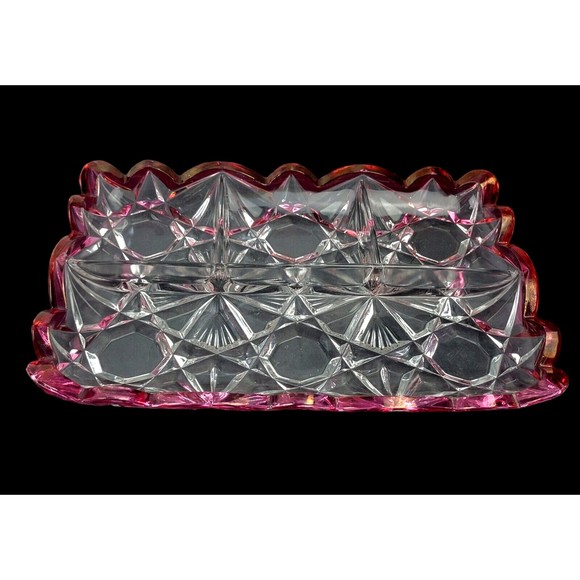 Vintage Tiffin Williamsburg Cranberry and Clear Pressed Glass 4 Part Relish Tray - Picture 1 of 12
